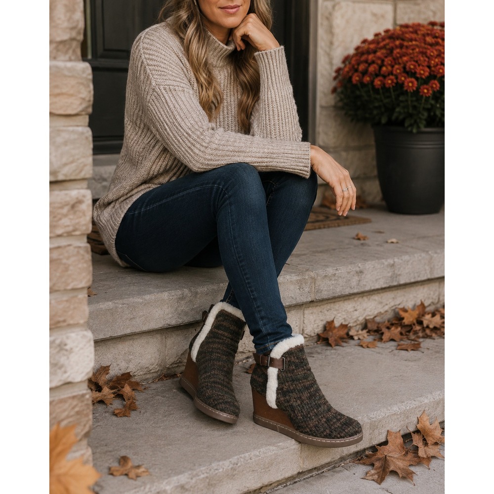 New Muk Luks Anne Marie Wedge Boots Brown Marl Ankle Buckle Shoes Faux Fur Sz 10